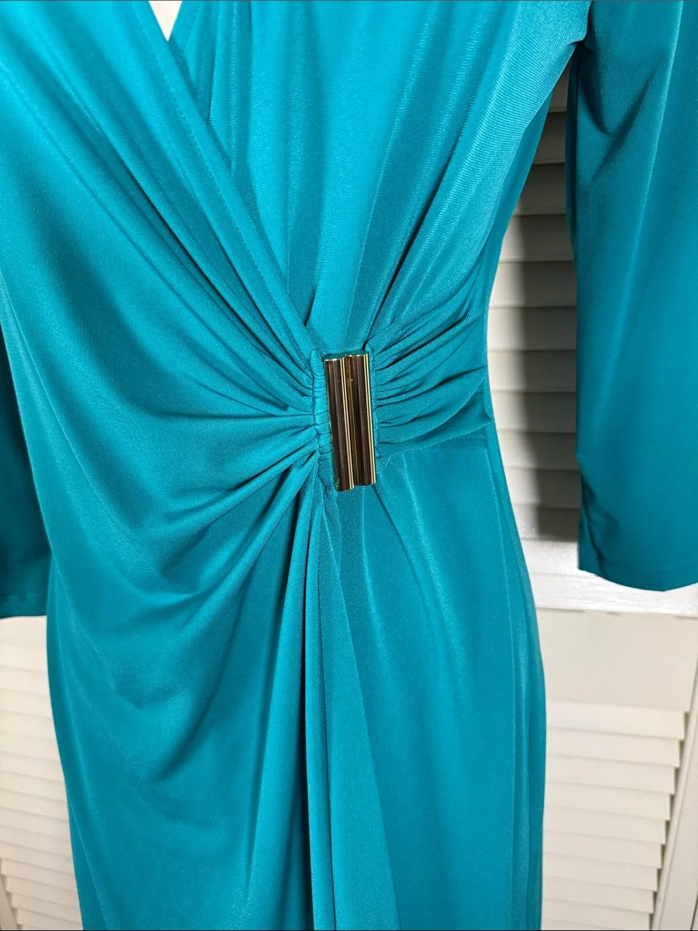 Calvin Klein Green Gold Bar Hardware Faux Wrap Dress Size Petite P Small